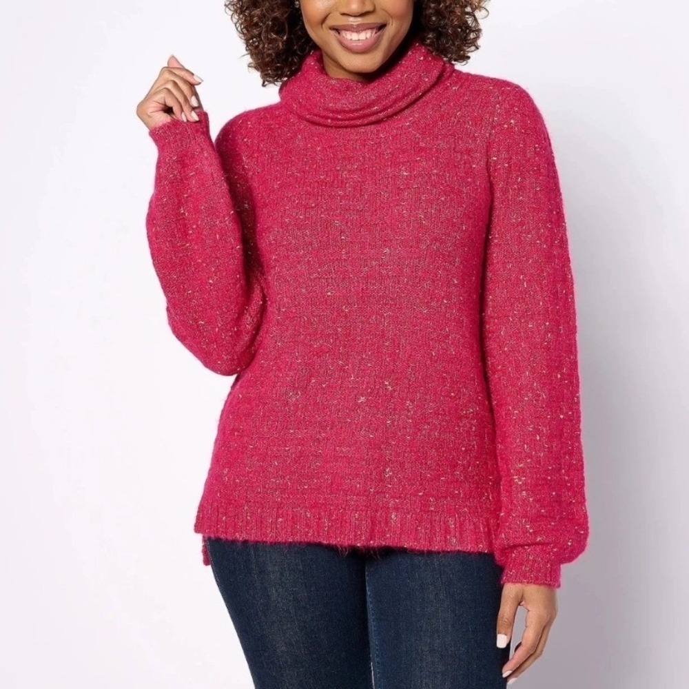 Denim & Co Canyon Retreat Balloon Sleeve Turtleneck Sweater Rich Berry 2X